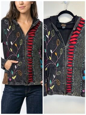 Gray Embroidered Hoodie Size L Full Zip Boho Hippie Artsy Forest Fairy Folk Art